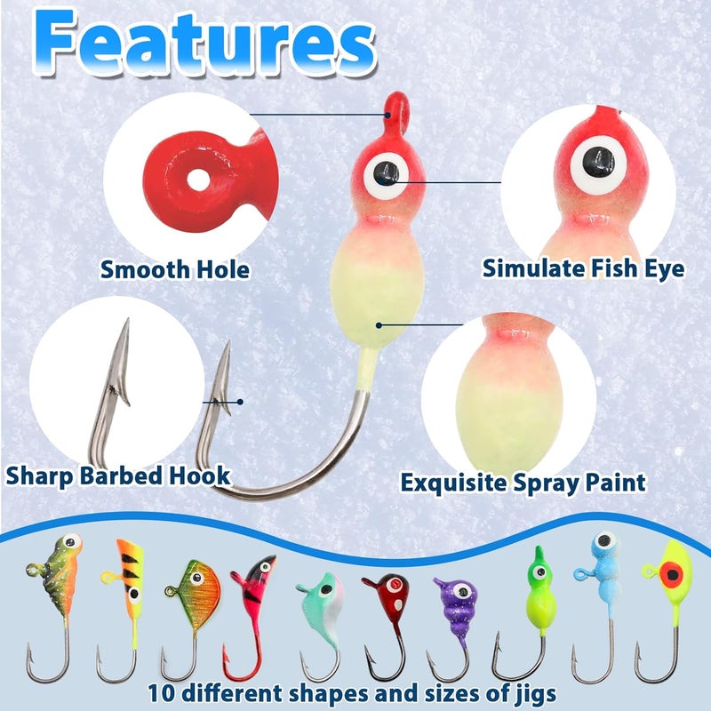 FishTrip Ice Fishing Jigs Kit, 30/60Pcs Glow Ice Fishing Lure Set for Winter Ice Jigging Crappie Sunfish Perch Panfish Walleye Pike Jigs, Ice Fishing Gear with Storage Box - Image 2